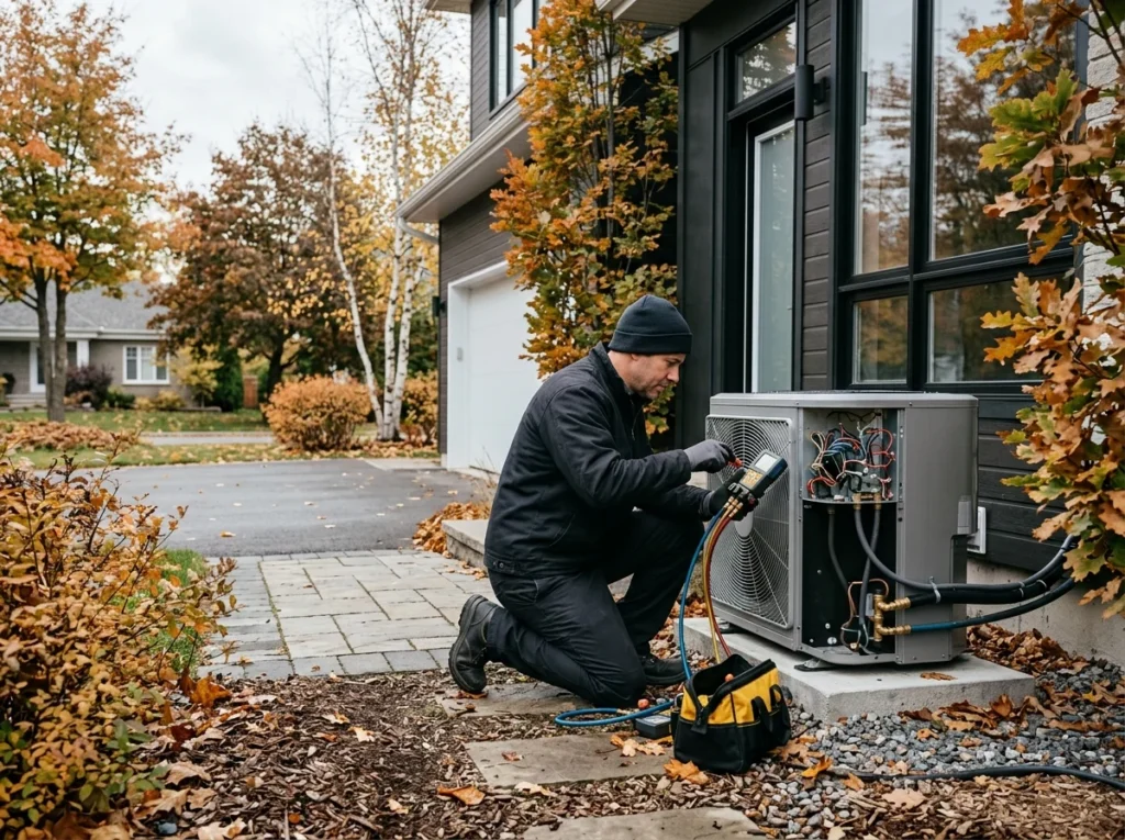 A technician commissioning a new heat pump