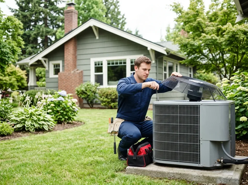 A technician servicing an outdoor condenser beside a Portland home